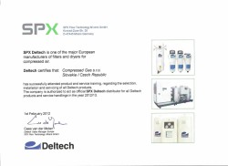 Certifikát pro prodej a záruční servis sušiček stlačeného vzduchu a fitry SPX DELTECH HANKISON