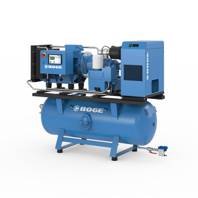 nový šroubový kompresor BOGE C 10 LDR-10-350 na ležatém vzdušníku 350 l, PLC-řízení BASE control včetně měření netěsností v rozvodu stlačeného vzduchu
